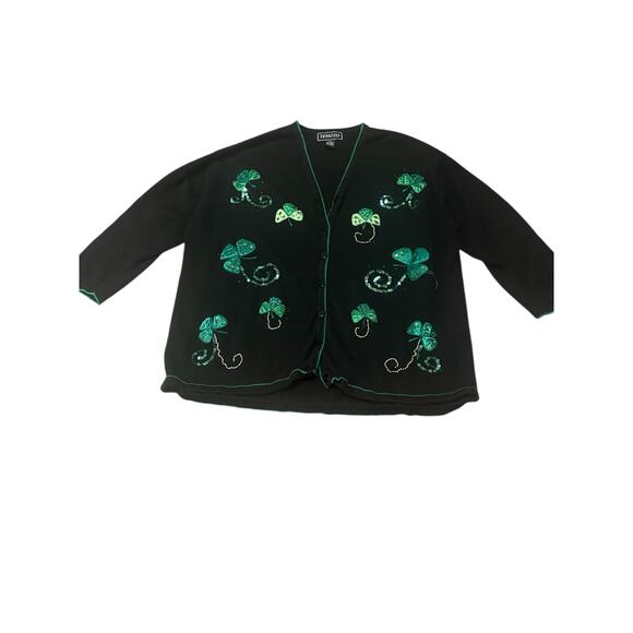 Vintage Cardigan Shamrock Sequin Embellished – Size 2X lucky clovers st patricks - Picture 1 of 4